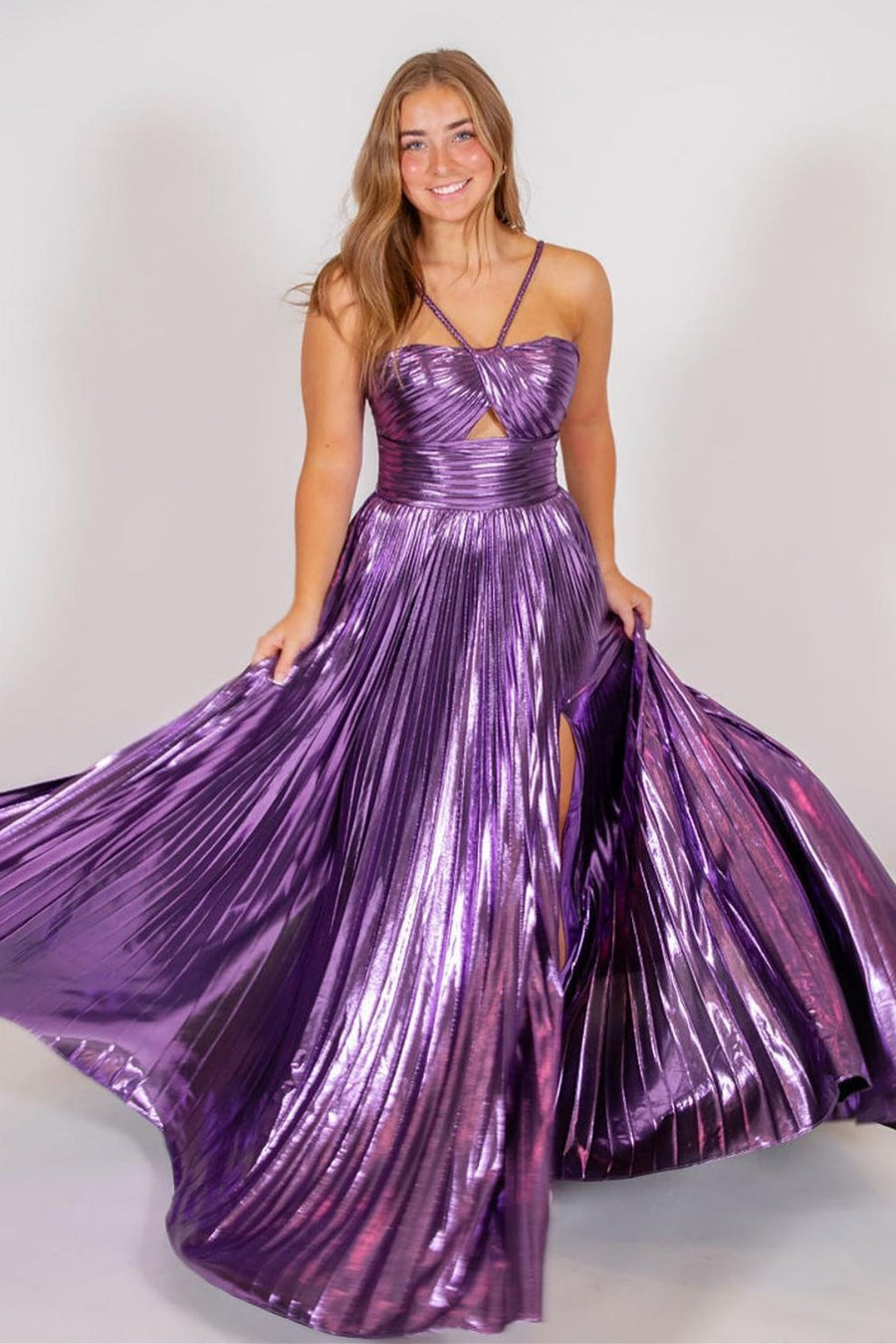 Metallic Keyhole Spaghetti Strap Long Prom Dress with Slit