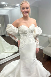 White Appliques Strapless Trumpet Wedding Dress with Juliet Sleeves