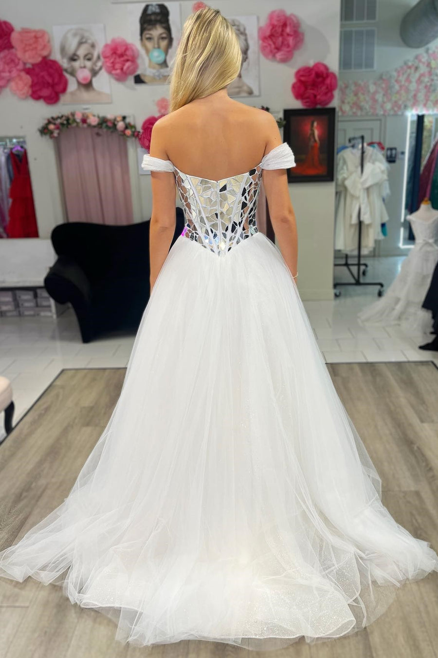 off the shoulder prom dress white Off-the-Shoulder Classic White Prom Dress with Slit Off White / 14