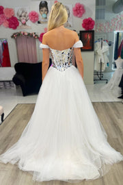 White Cut Glass Mirror Off-the-Shoulder Prom Gown