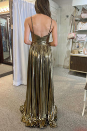 Metallic Keyhole Spaghetti Strap Long Prom Dress with Slit