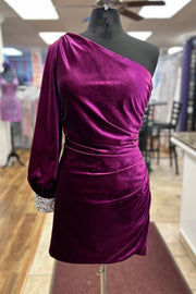 Magenta Velvet One-Sleeve Short Cocktail Dress