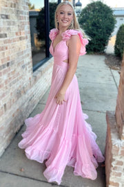 Magenta Chiffon Lace-Up Ruffle Belted A-Line Prom Dress