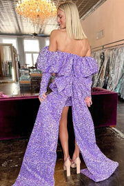 Purple Sequin Off-the-Shoulder Bow-Back Short Party Dress