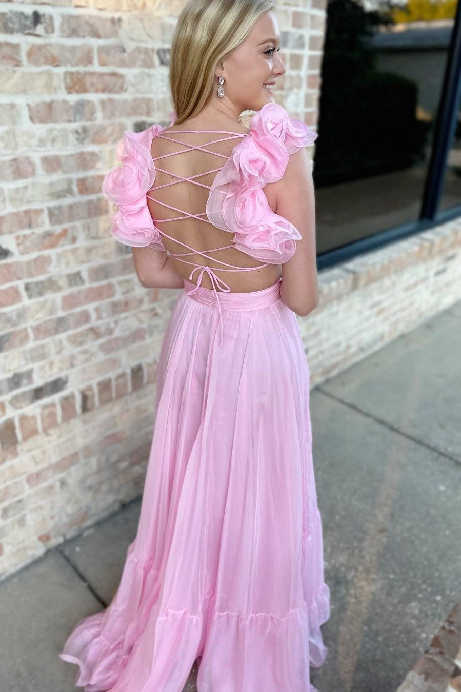 Magenta Chiffon Lace-Up Ruffle Belted A-Line Prom Dress Modsele Magenta Chiffon Lace-Up Ruffle Belted A-Line Prom Dress Modsele