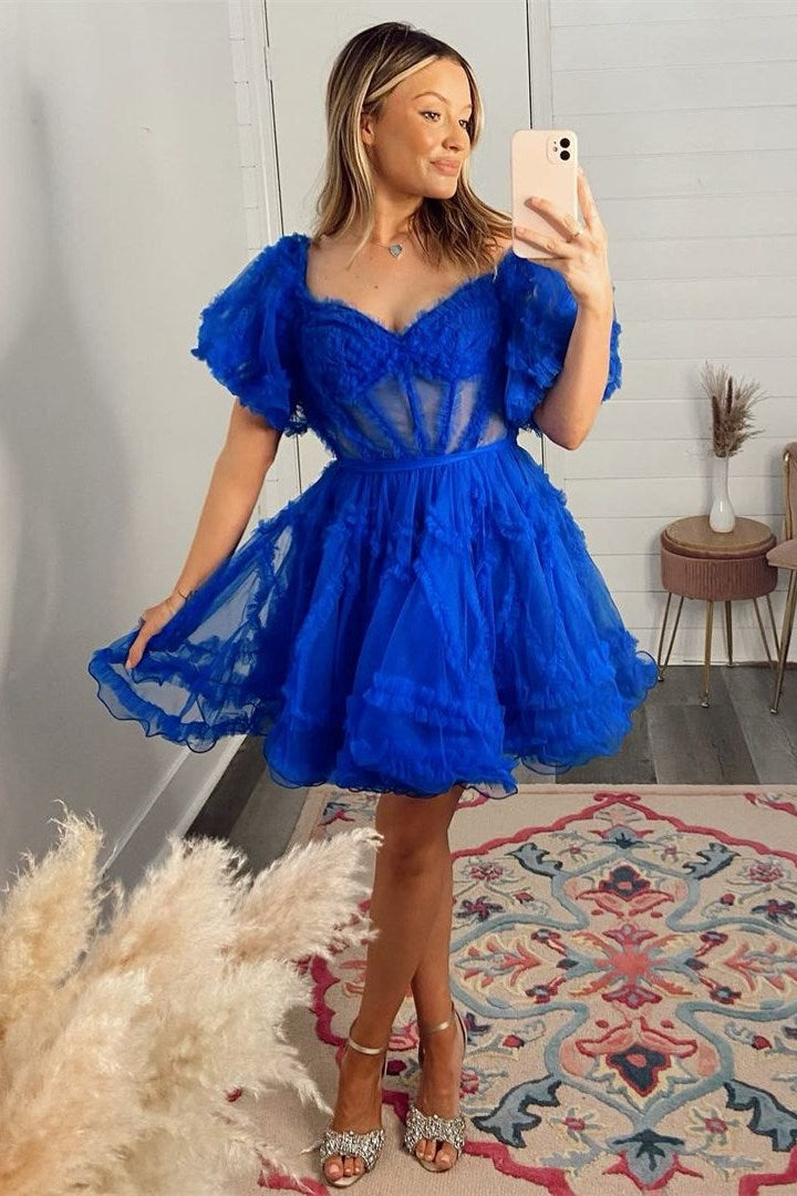 Short A Line Sweetheart Ruffle Off Shoulder Lace Blue Homecoming