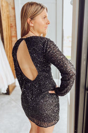 Black Sequin Cutout Short Party Dress with Long Sleeves