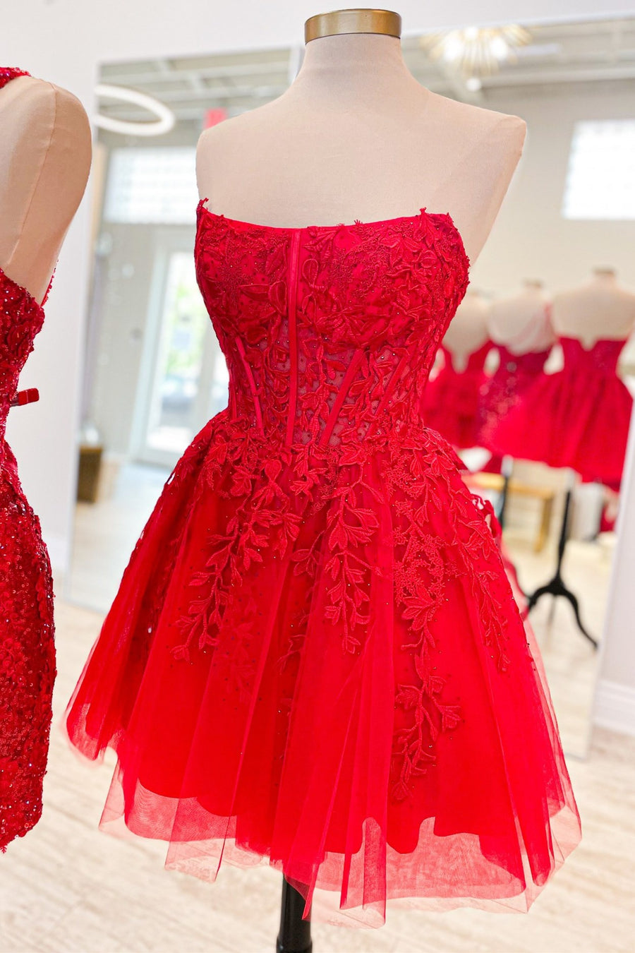 Hot Pink Tulle Strapless A-Line Short Gown with Appliques Modsele Hot Pink Tulle Strapless A-Line Short Gown with Appliques Modsele