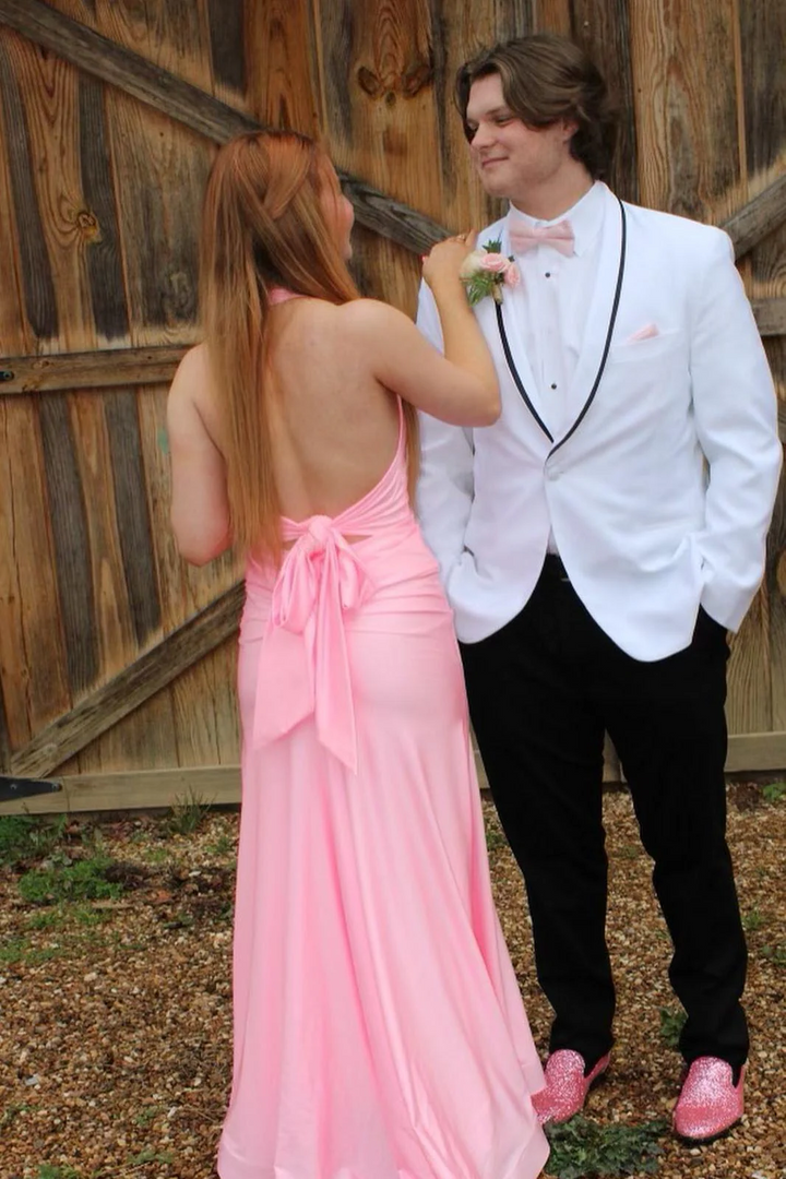 Pink Halter Mermaid Satin Pleated Sleeveless Long Prom Dress with Slit