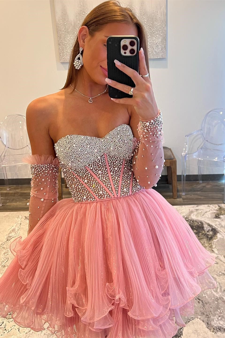 Pink Sweetheart Multi-Layer Beaded Short Gown