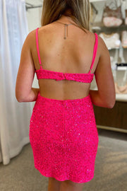 Hot Pink Sequin V-Neck Backless Short Party Dress