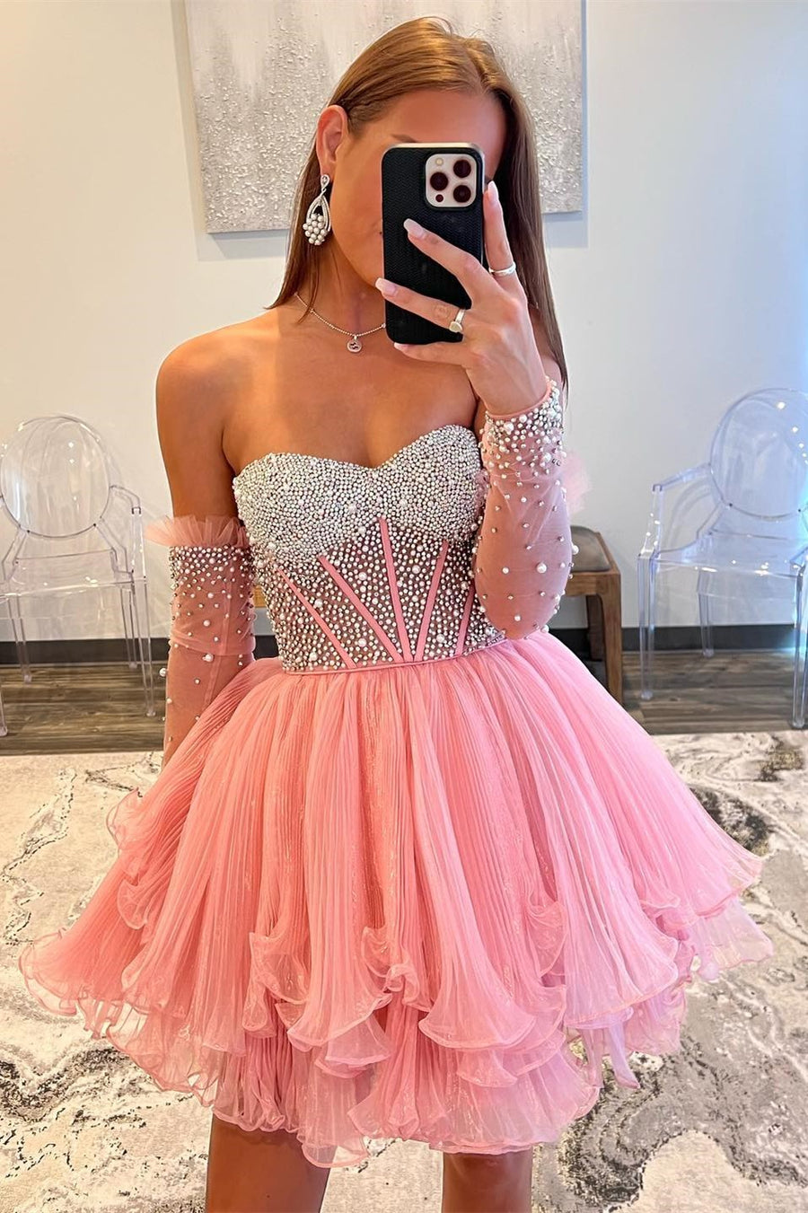 Pink Sweetheart Multi-Layer Beaded Short Gown