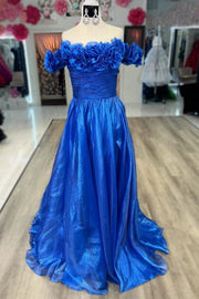 Blue Off the Shoulder A-Line Prom Dress with  3D Floral