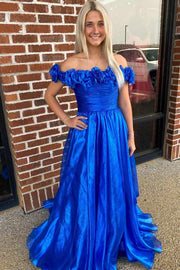Blue Off the Shoulder A-Line Prom Dress with  3D Floral