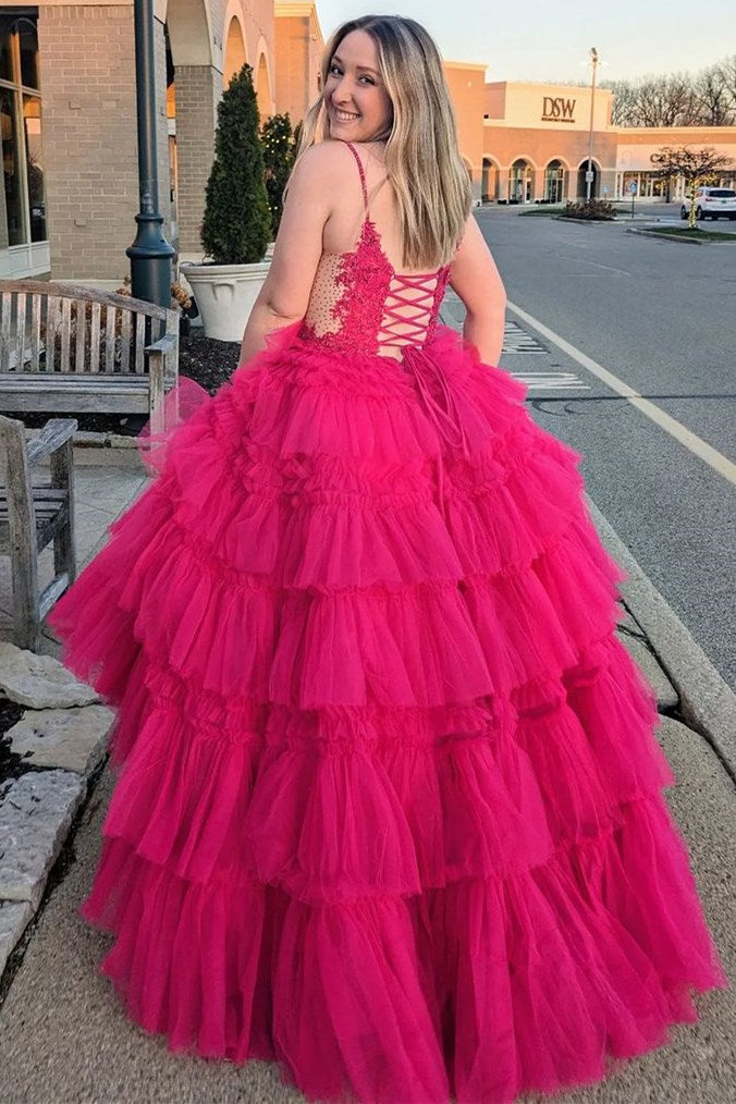 Spaghetti Strap V-Neck Sleeveless Ruffle Tiered Tulle Long Ball Gown