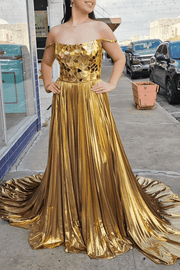 Metallic Off-Shoulder Mirror-Cut Sequin Pleated Long Prom Dress