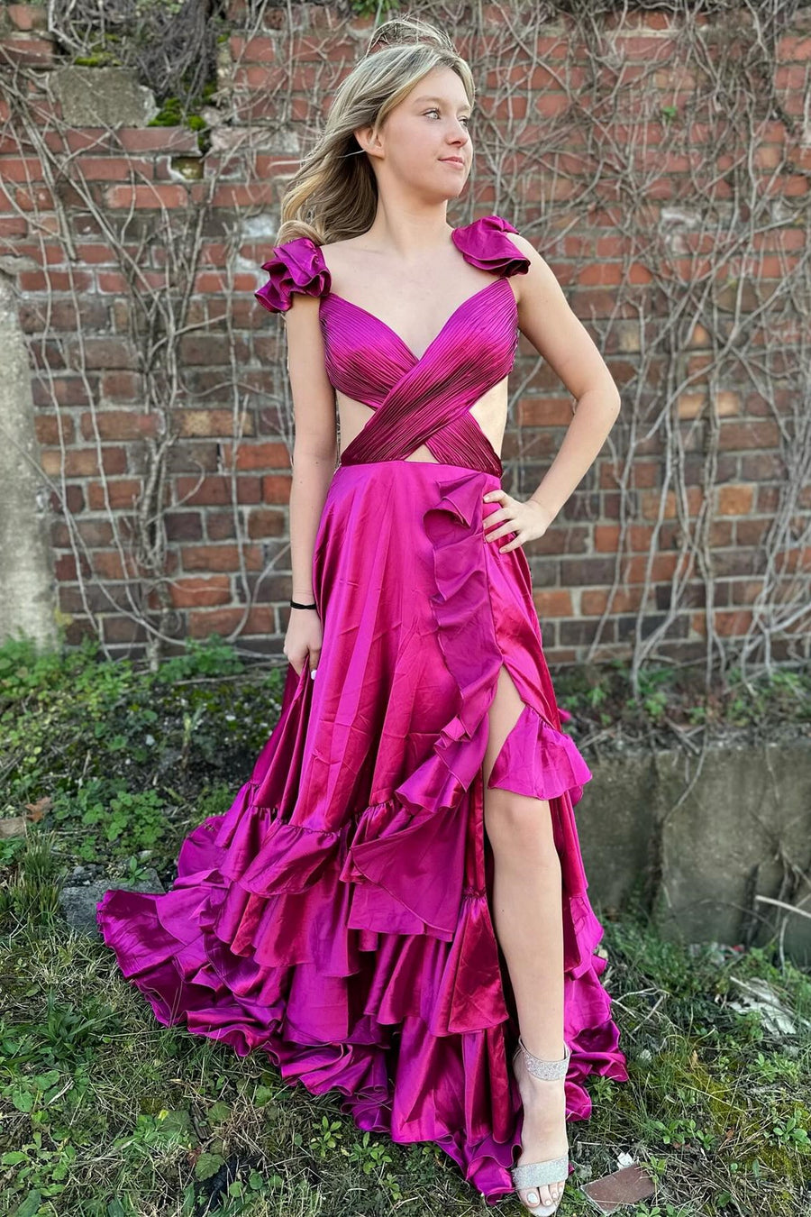 Red Cutout Ruffle A-Line Long Prom Dress with Slit