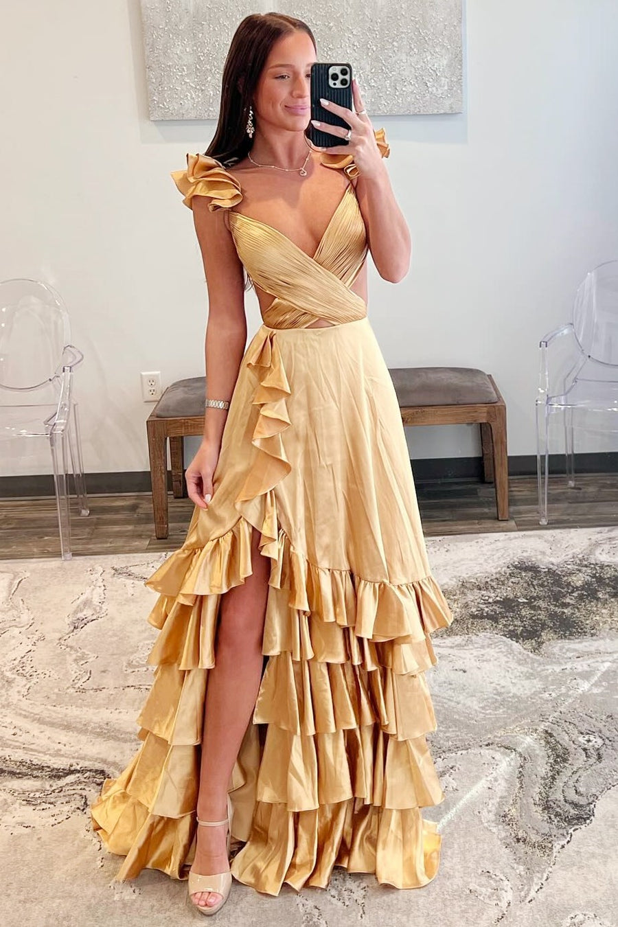 Red Cutout Ruffle A-Line Long Prom Dress with Slit Modsele Red Cutout Ruffle A-Line Long Prom Dress with Slit Modsele