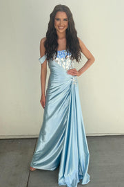 Light Blue One-Shoulder Ruching Long Formal Dress with Broken Mirrors