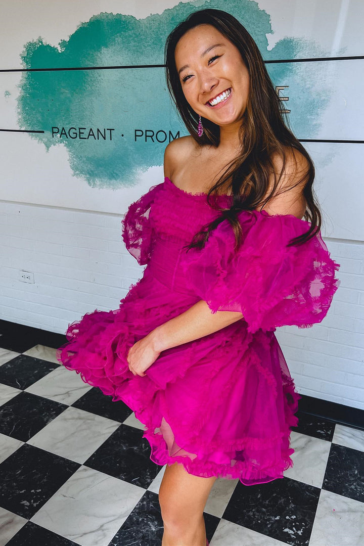Magenta Strapless Ruffles A-Line Short Party Dress with Puff Sleeves