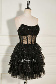 Black Sequin Tulle Strapless Tiered Short Party Dress with Ruffles