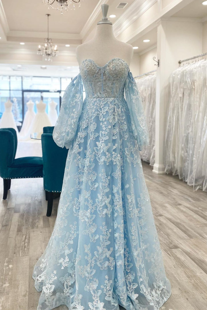 Sparkle Princess Lavender Bustier Puff Sleeve Lace Long Prom Gown