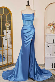 Blue Strapless Ruching Mermaid Long Prom Dress with Slit