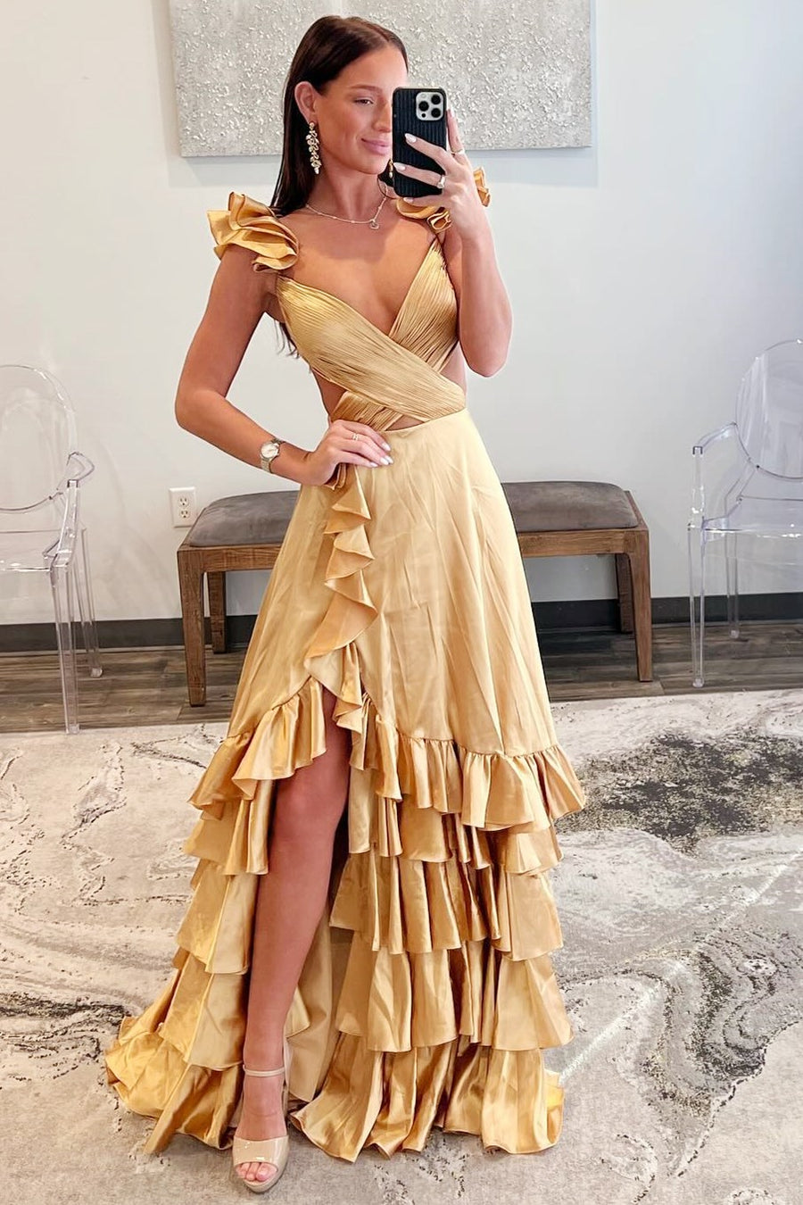 Red Cutout Ruffle A-Line Long Prom Dress with Slit Modsele Red Cutout Ruffle A-Line Long Prom Dress with Slit Modsele