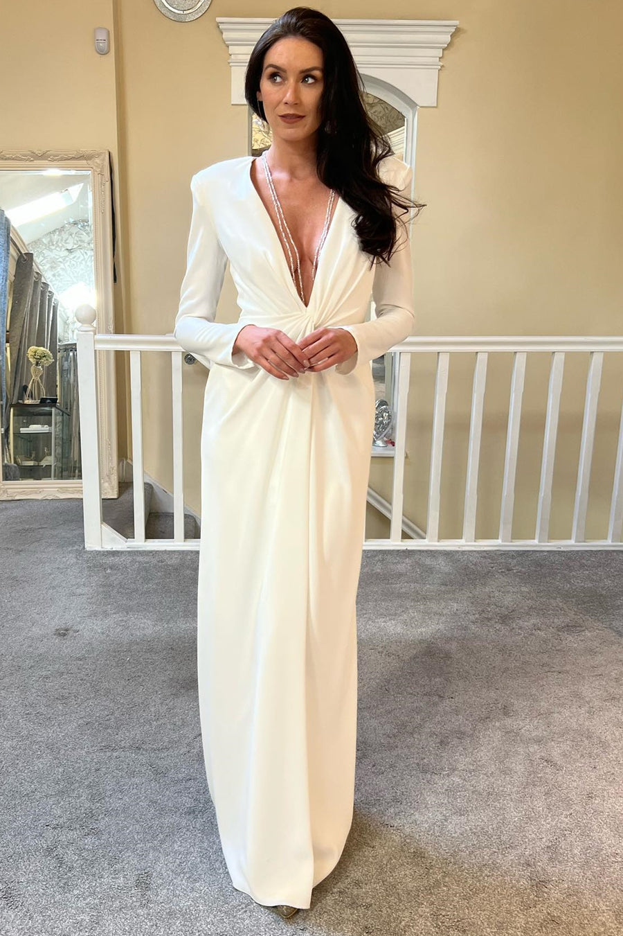 White Plunge V Twisted Knot Long Wedding Dress with Long Sleeves