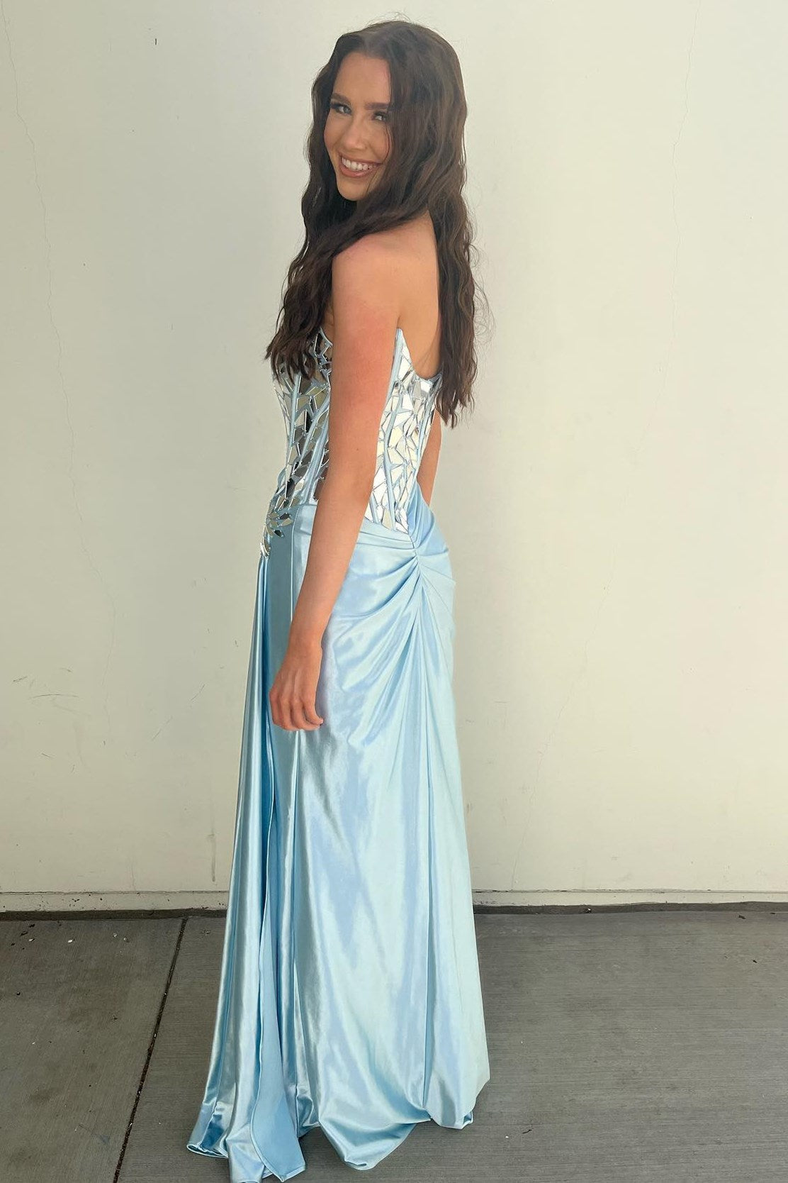 Light Blue One-Shoulder Ruching Long Formal Dress with Broken Mirrors