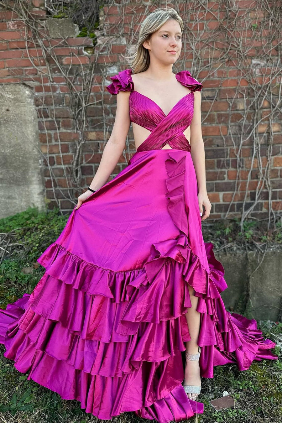 Red Cutout Ruffle A-Line Long Prom Dress with Slit Modsele Red Cutout Ruffle A-Line Long Prom Dress with Slit Modsele