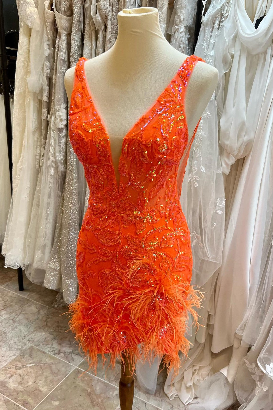Orange Sequin Lace Plunge V Short Dress with Feathers