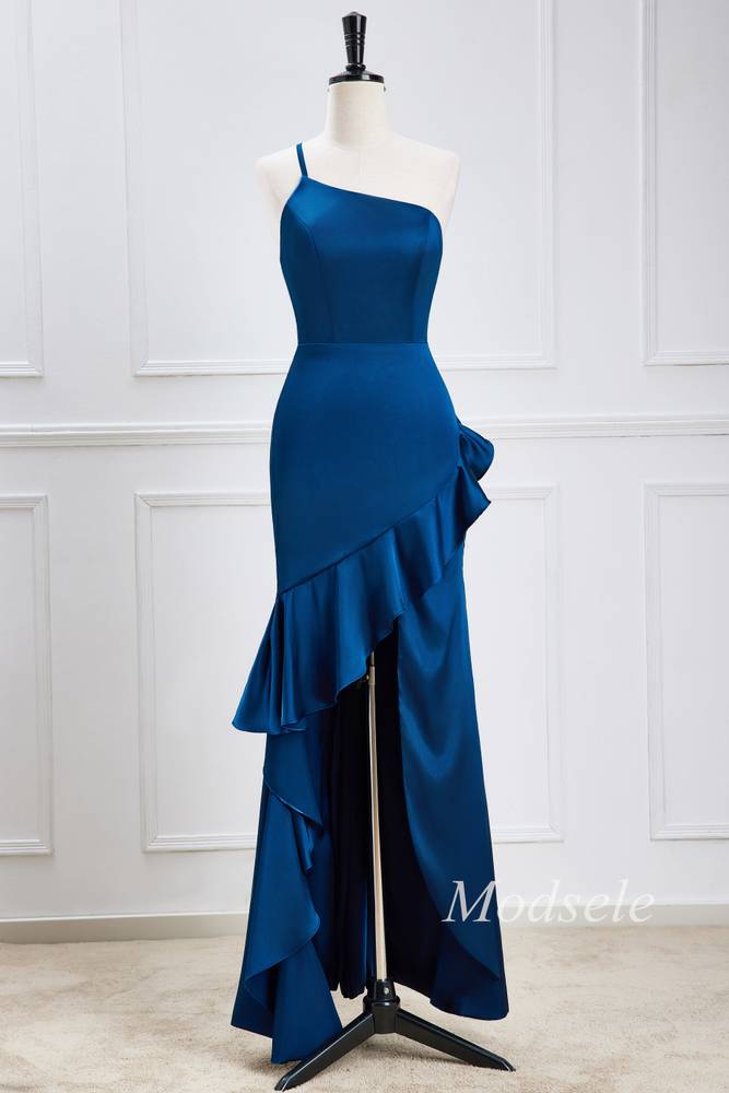 Navy Blue One-Shoulder Ruffle High-Low Dress Modsele Navy Blue One-Shoulder Ruffle High-Low Dress Modsele
