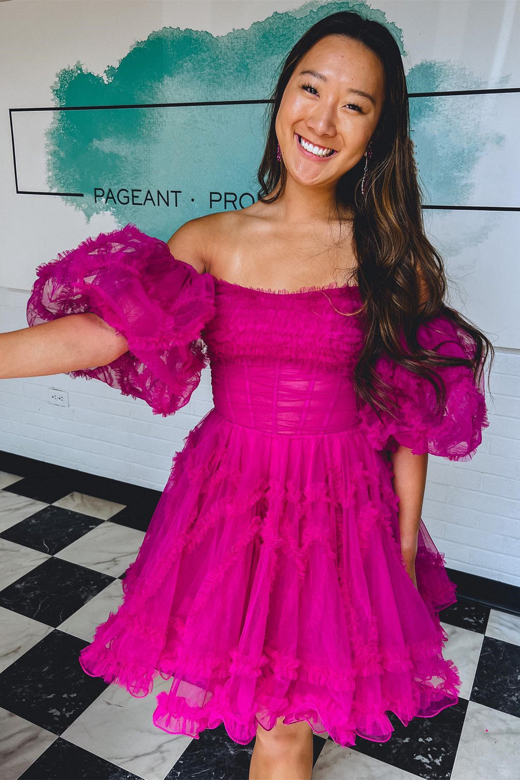 Magenta Strapless Ruffles A-Line Short Party Dress with Puff Sleeves ...