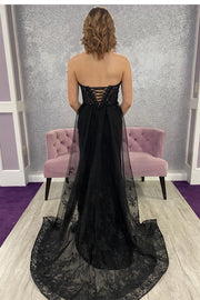Black Lace Strapless Long Formal Dress with Attached Train
