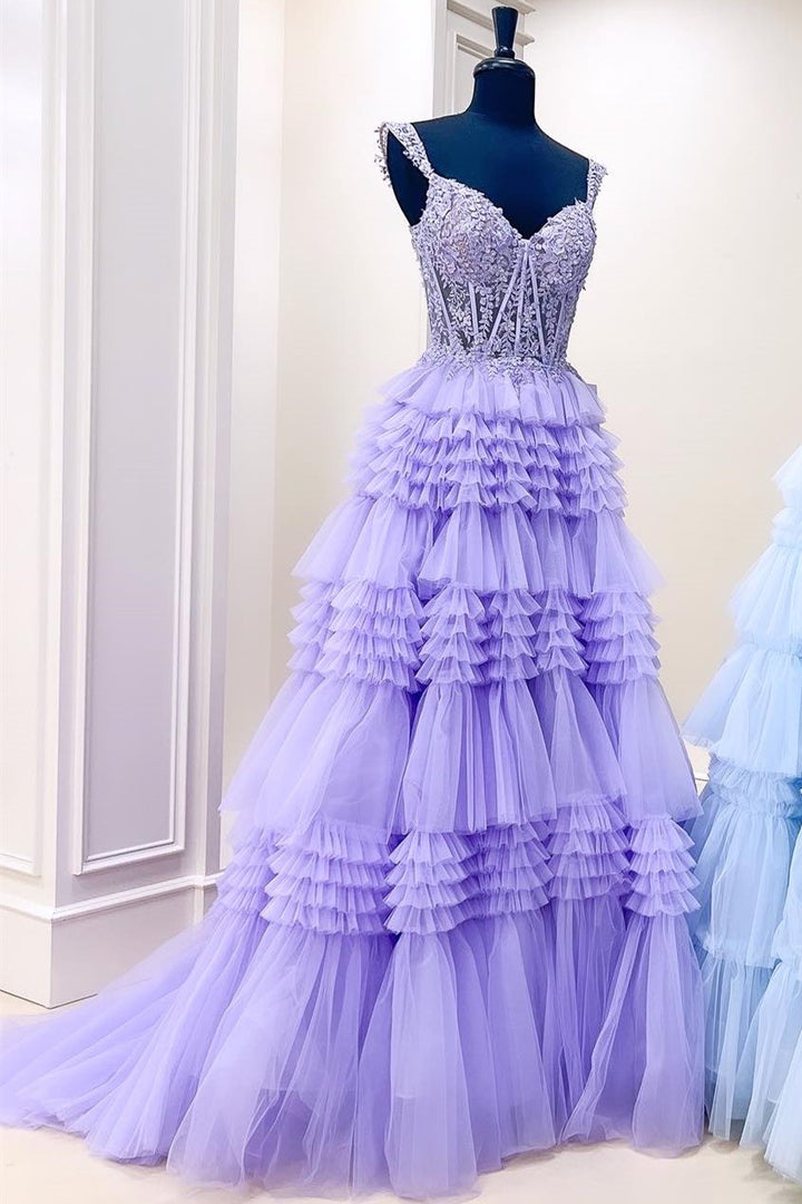 Red Tulle Off-the-Shoulder Ruffle Tiered Long Prom Dress