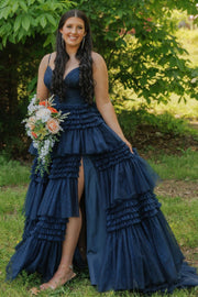 Black Tulle Multi-Tiered V-Neck Long Prom Dress