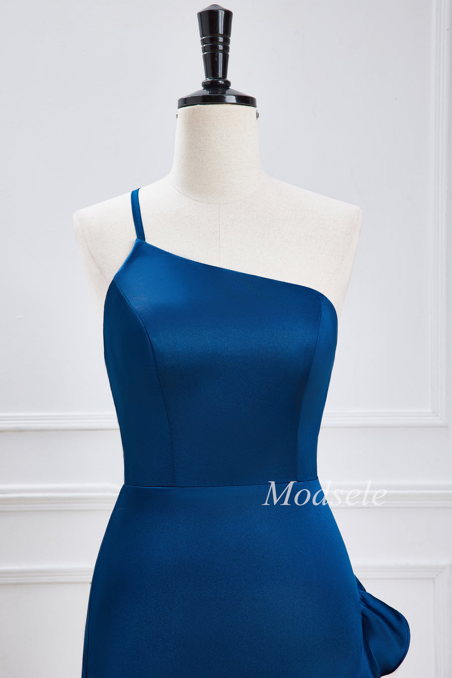 Navy Blue One-Shoulder Ruffle High-Low Dress