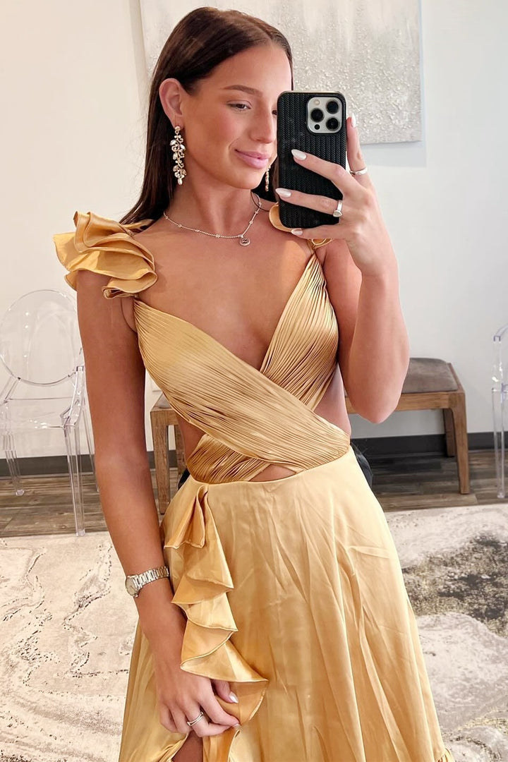 Red Cutout Ruffle A-Line Long Prom Dress with Slit