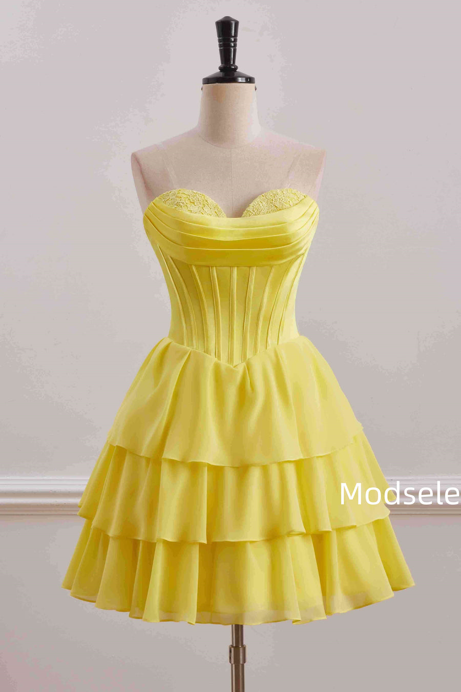 Yellow A-Line Strapless Empire-Waist Multi-Layered Homecoming Dress