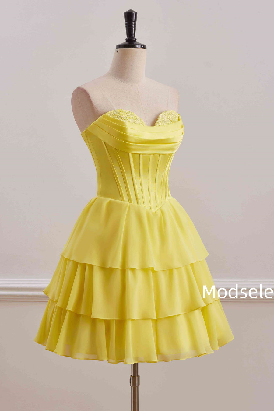 Yellow A-Line Strapless Empire-Waist Multi-Layered Homecoming Dress