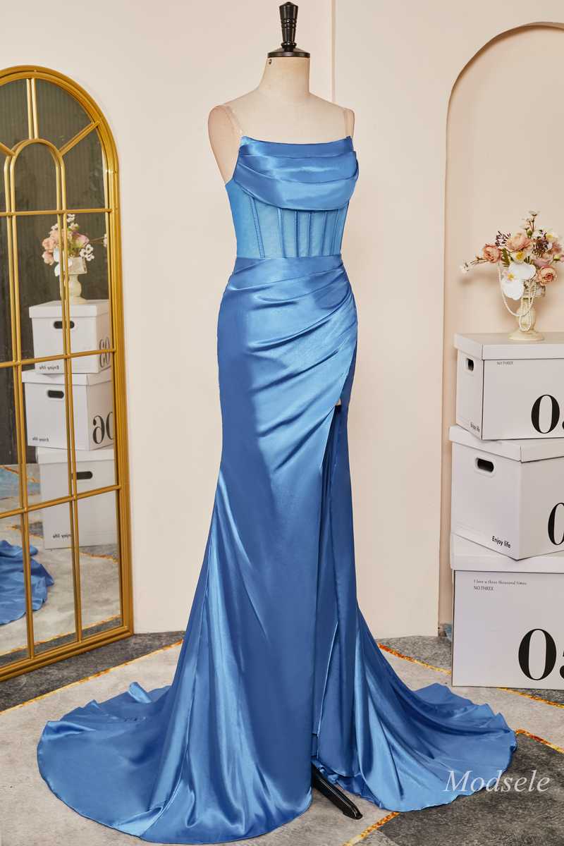Blue Strapless Ruching Mermaid Long Prom Dress with Slit