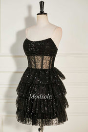 Black Sequin Tulle Strapless Tiered Short Party Dress with Ruffles