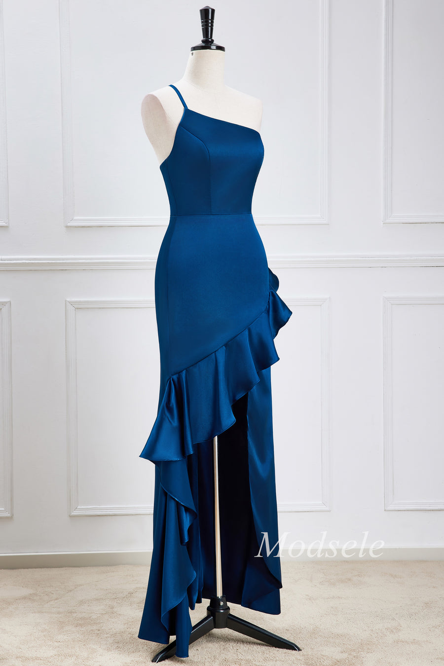 Navy Blue One-Shoulder Ruffle High-Low Dress