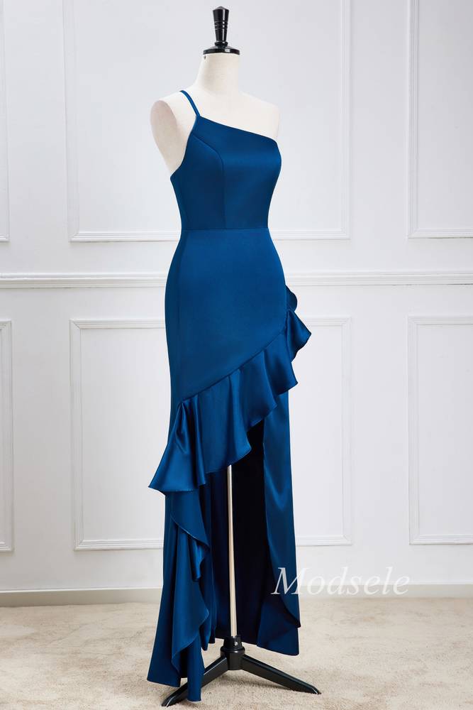 Navy Blue One-Shoulder Ruffle High-Low Dress Modsele Navy Blue One-Shoulder Ruffle High-Low Dress Modsele