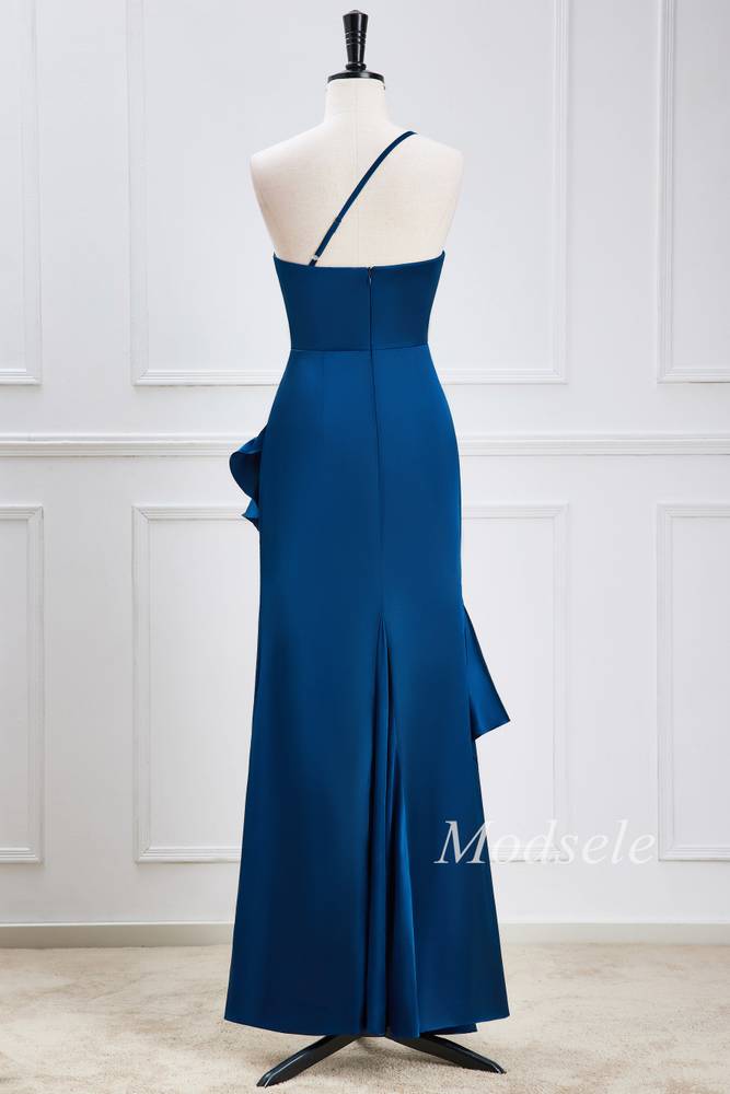 Navy Blue One-Shoulder Ruffle High-Low Dress Modsele Navy Blue One-Shoulder Ruffle High-Low Dress Modsele
