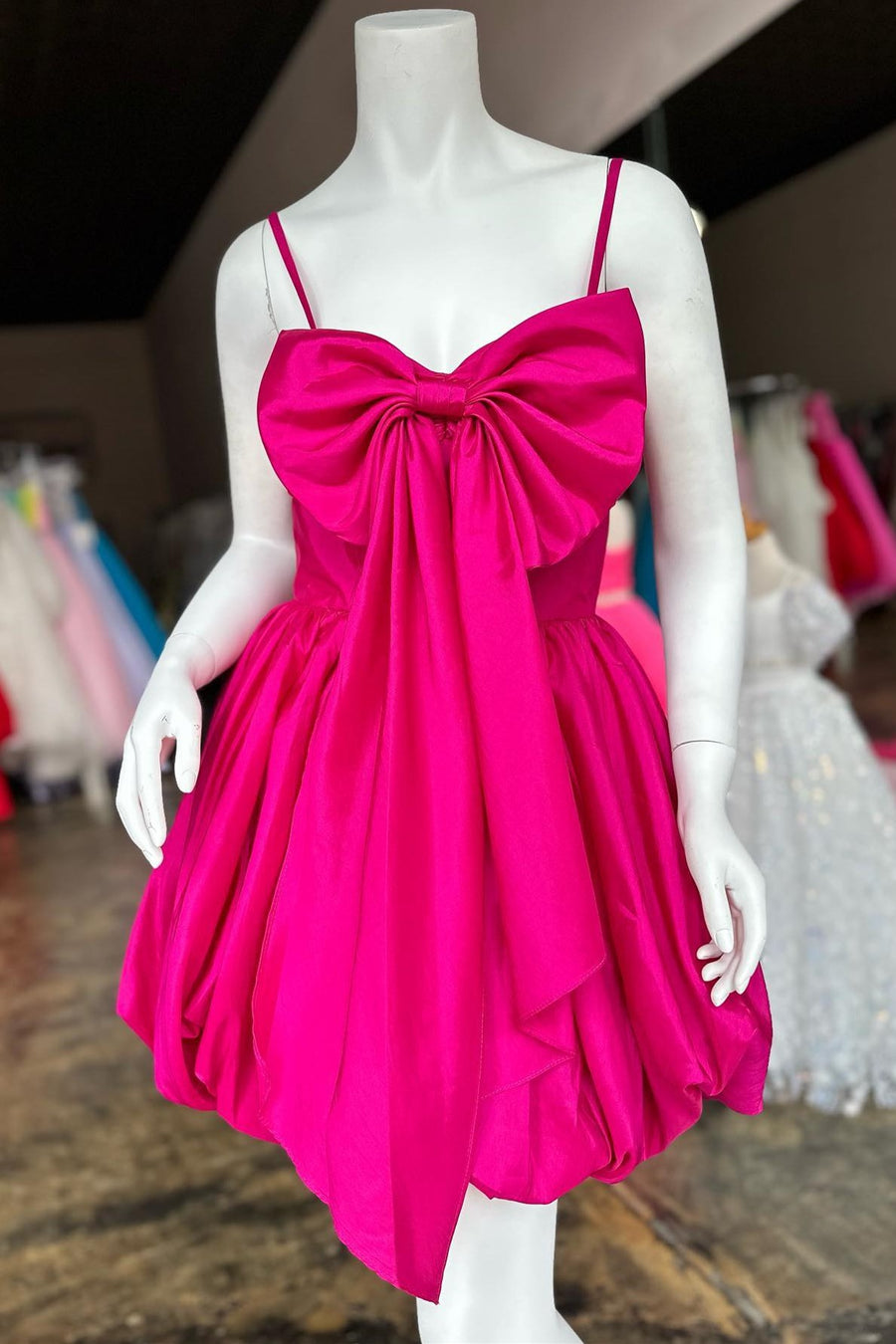 Fuchsia Spaghetti Strap Bow-Front A-Line Short Party Dress Modsele Fuchsia Spaghetti Strap Bow-Front A-Line Short Party Dress Modsele