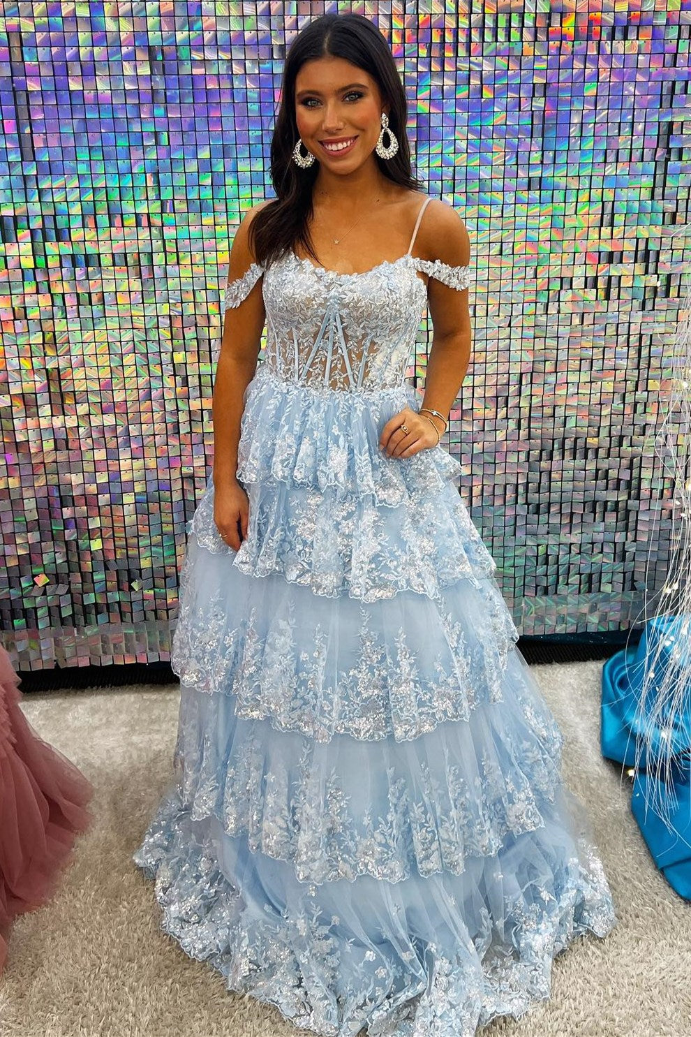 Tulle Sequin Cold-Shoulder Ruffle Tiered Long Prom Dress