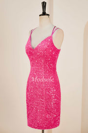 Hot Pink Sequin V-Neck Short Party Dress