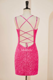 Hot Pink Sequin V-Neck Short Party Dress